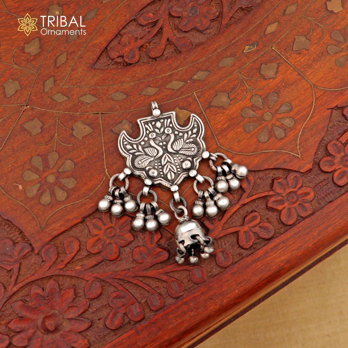 Sterling silver handmade beaded long necklace with peacock design, traditional cultural jewelry by TRIBAL ORNAMENTS.