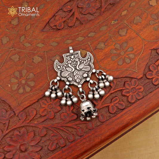 Sterling silver handmade beaded long necklace with peacock design, traditional cultural jewelry by TRIBAL ORNAMENTS.