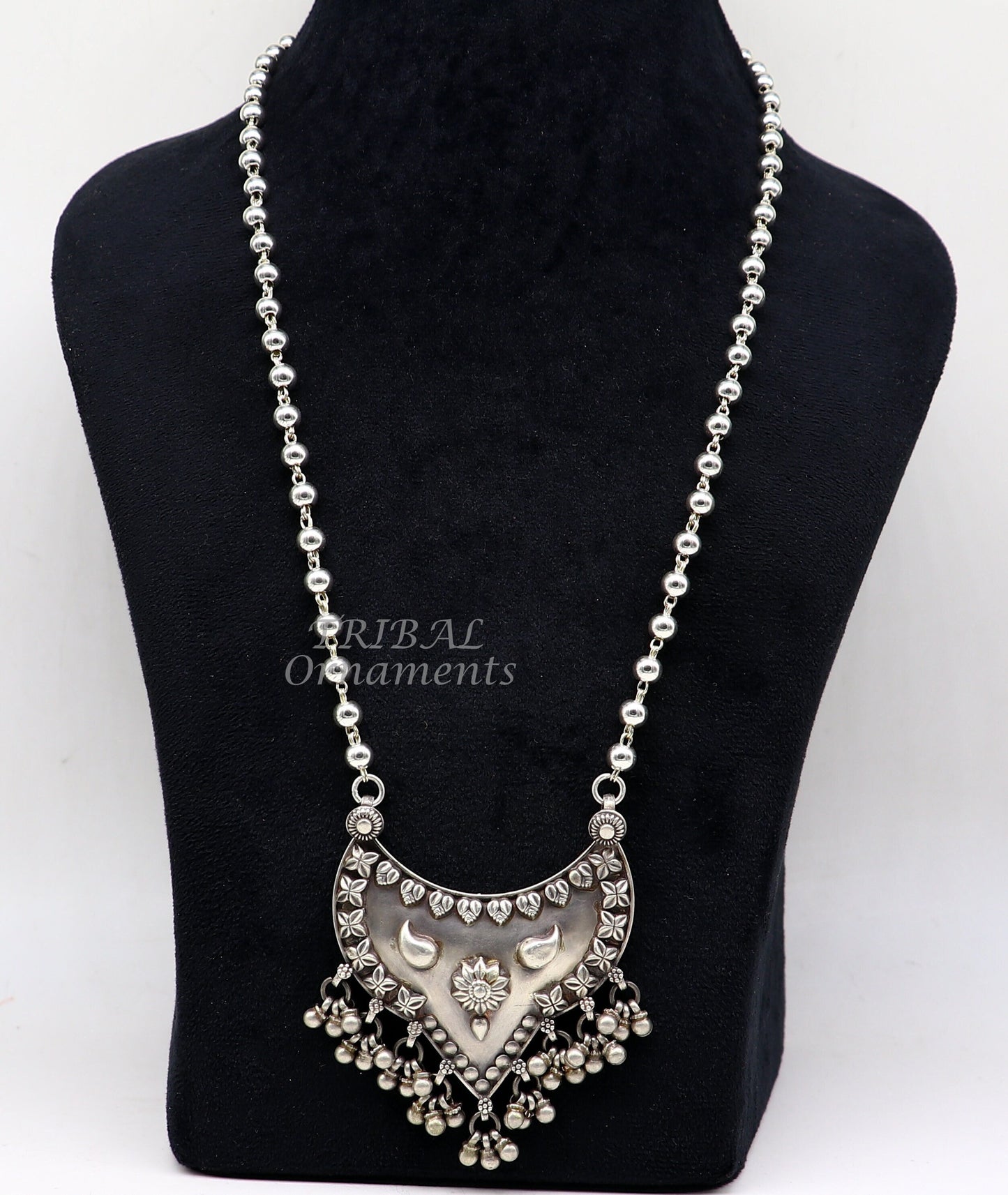 925 sterling silver beaded long necklace with 5.5mm beads, featuring a traditional, cultural, and trendy design by TRIBAL ORNAMENTS.