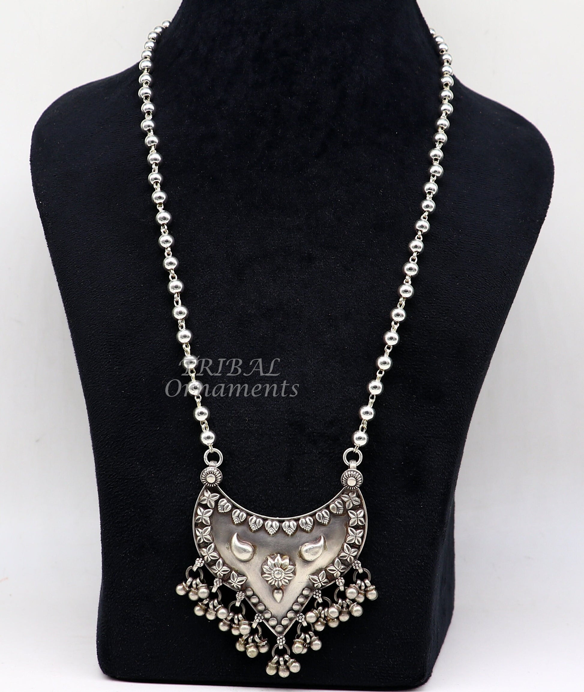 925 sterling silver beaded long necklace with 5.5mm beads, featuring a traditional, cultural, and trendy design by TRIBAL ORNAMENTS.