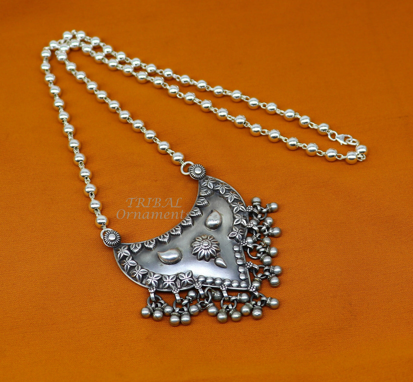 925 sterling silver beaded long necklace with unique traditional design, 18-inch trendy jewelry piece by TRIBAL ORNAMENTS