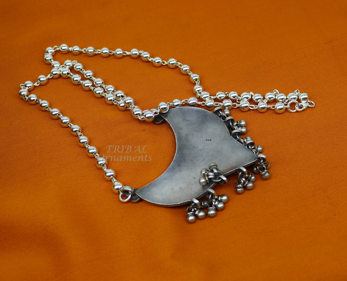 925 sterling silver beaded long necklace with unique traditional design, handmade tribal jewelry set with 5.5mm beads.