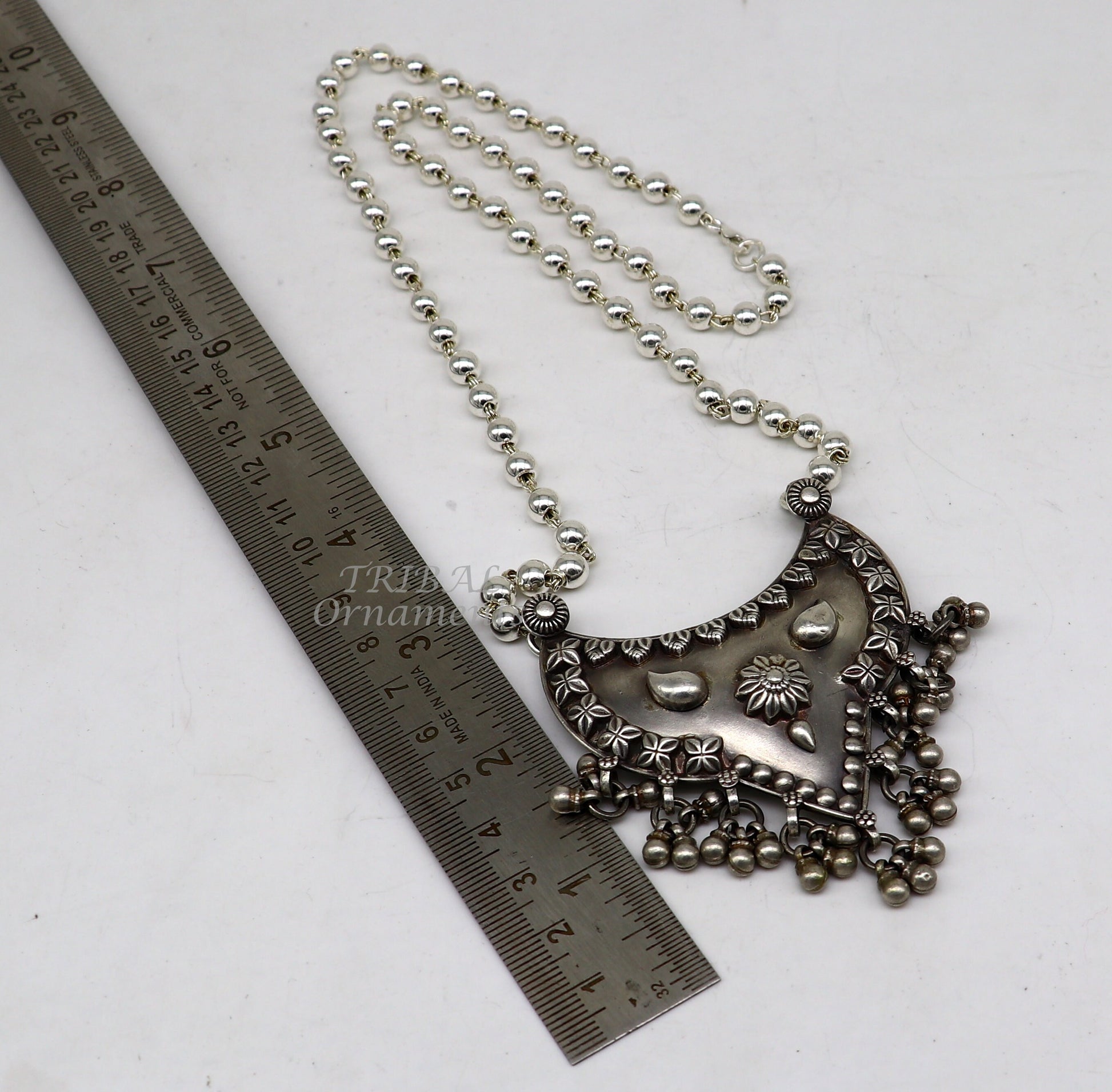 925 sterling silver beaded long necklace with 5.5mm beads, featuring a unique traditional tribal design, part of jewelry set.