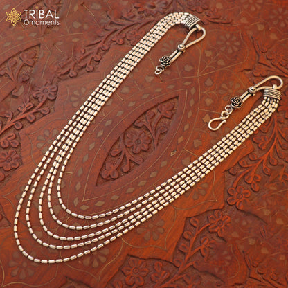 925 sterling silver 5-line beaded chain necklace set by TRIBAL ORNAMENTS, featuring intricate tribal jewelry design and beaded details.