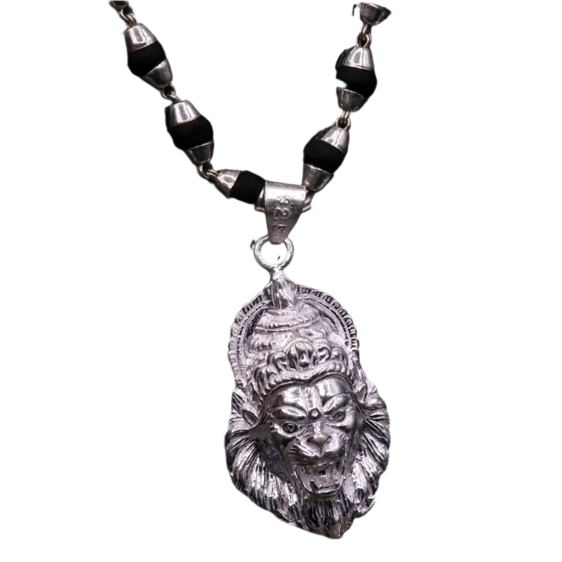 VINTAGE 925 STERLING SILVER LORD VISHNU AVATAR NARSIMHA PENDANT WITH BLACK BASIL ROSARY BEADS (TULSI MALA) TRIBAL NECKLACE JEWELRY SET39 - TRIBAL ORNAMENTS