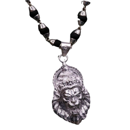925 Sterling Silver Lord Vishnu Narsimha pendant with black basil rosary beads jewelry set featuring intricate tribal design