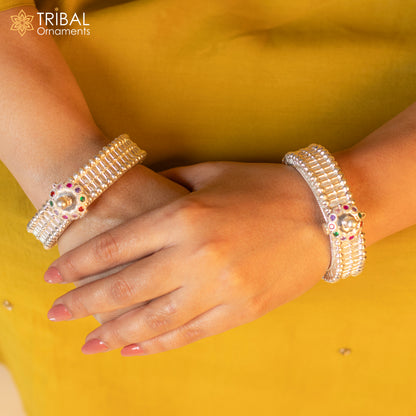 Indian traditional 925 sterling silver bangle cuff with cultural design, handmade vintage pattern, suitable for brides.