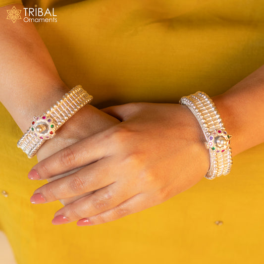 Indian traditional 925 sterling silver bangle cuff with cultural design, handmade vintage pattern, suitable for brides.