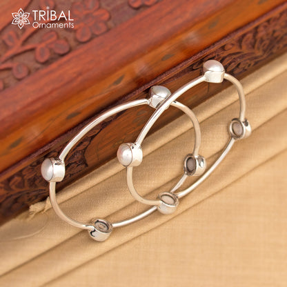 925 sterling silver bangle bracelet with natural pearl stone and floral design, feminine jewelry for girls by Tribal Ornaments.