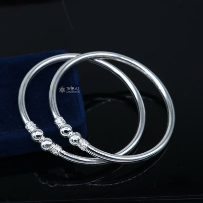 925 sterling silver plain ball design bangle bracelet for girls, handmade tribal ornament jewelry, simple and elegant kada style.
