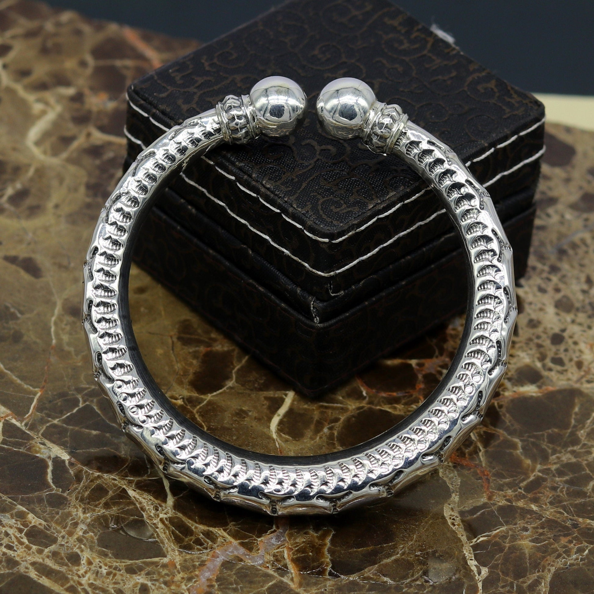 Sterling silver handmade bangle bracelet with customized vintage design, unisex jewelry by TRIBAL ORNAMENTS, 2.25-inch size