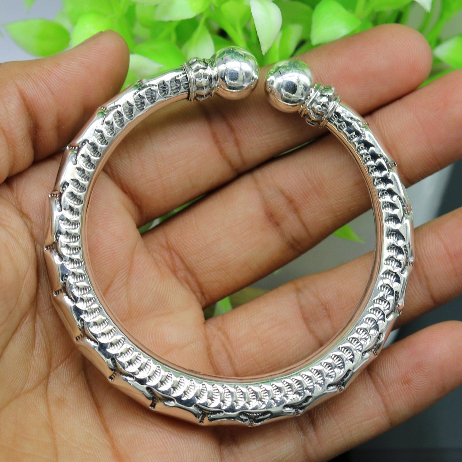 925 sterling silver customized work bangle bracelet, vintage-inspired unisex jewelry with intricate handmade design by TRIBAL ORNAMENTS