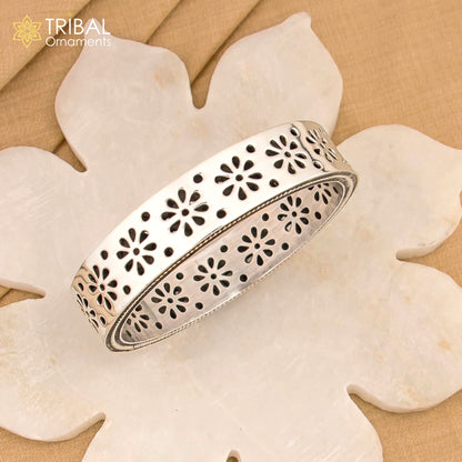 Sterling silver floral work bangle bracelet by Tribal Ornaments, stylish brides jewelry, 2.4-inch silver wedding bangle.
