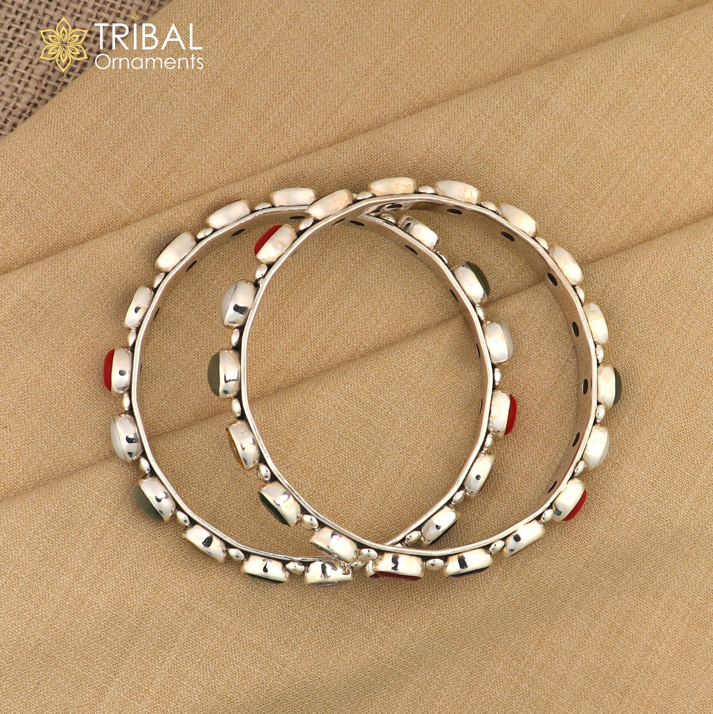 925 sterling silver tribal bangle with colorful beaded stones, traditional kada design from Tribal Ornaments.
