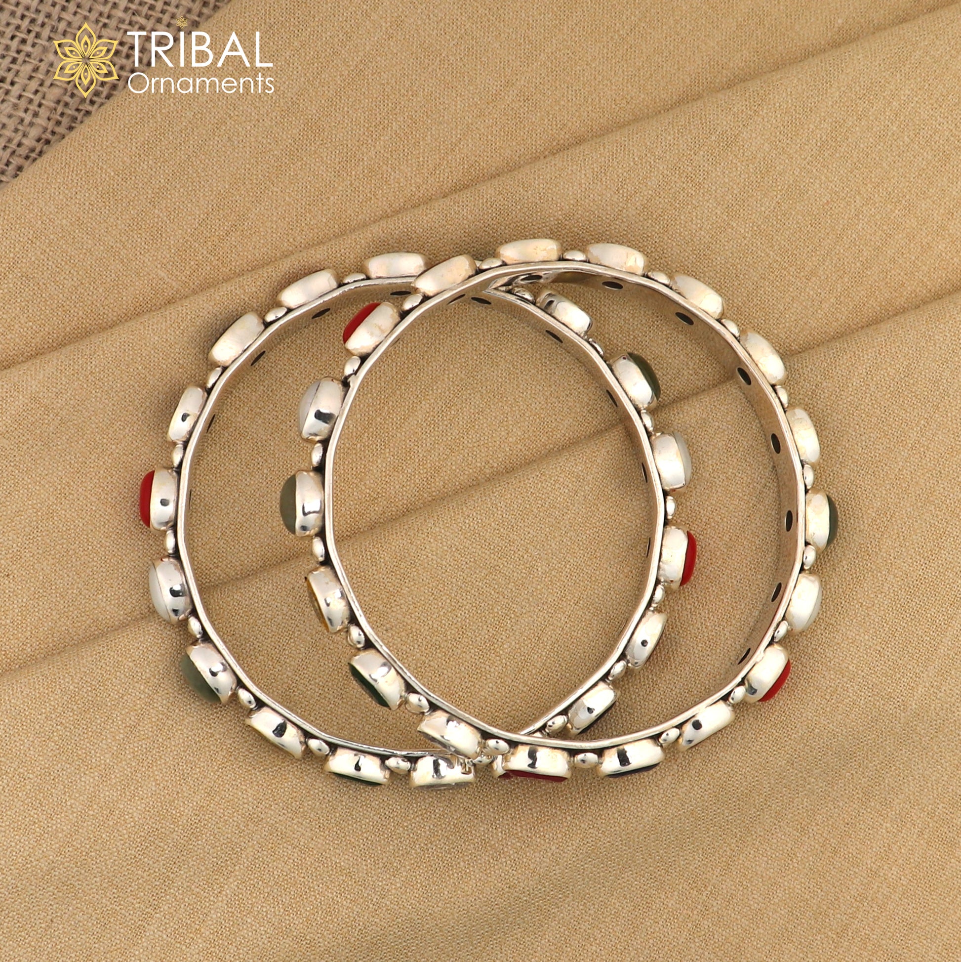 925 sterling silver tribal bangle with colorful beaded stones, traditional kada design from Tribal Ornaments.