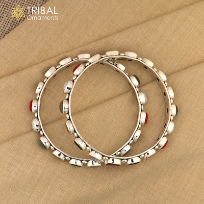 925 sterling silver tribal bangle with colorful beaded stones, traditional kada design from Tribal Ornaments.