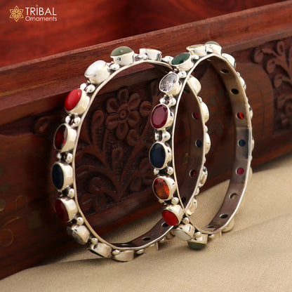 925 sterling silver tribal beaded bangle with colorful stones, crafted in a traditional kada style by TRIBAL ORNAMENTS.