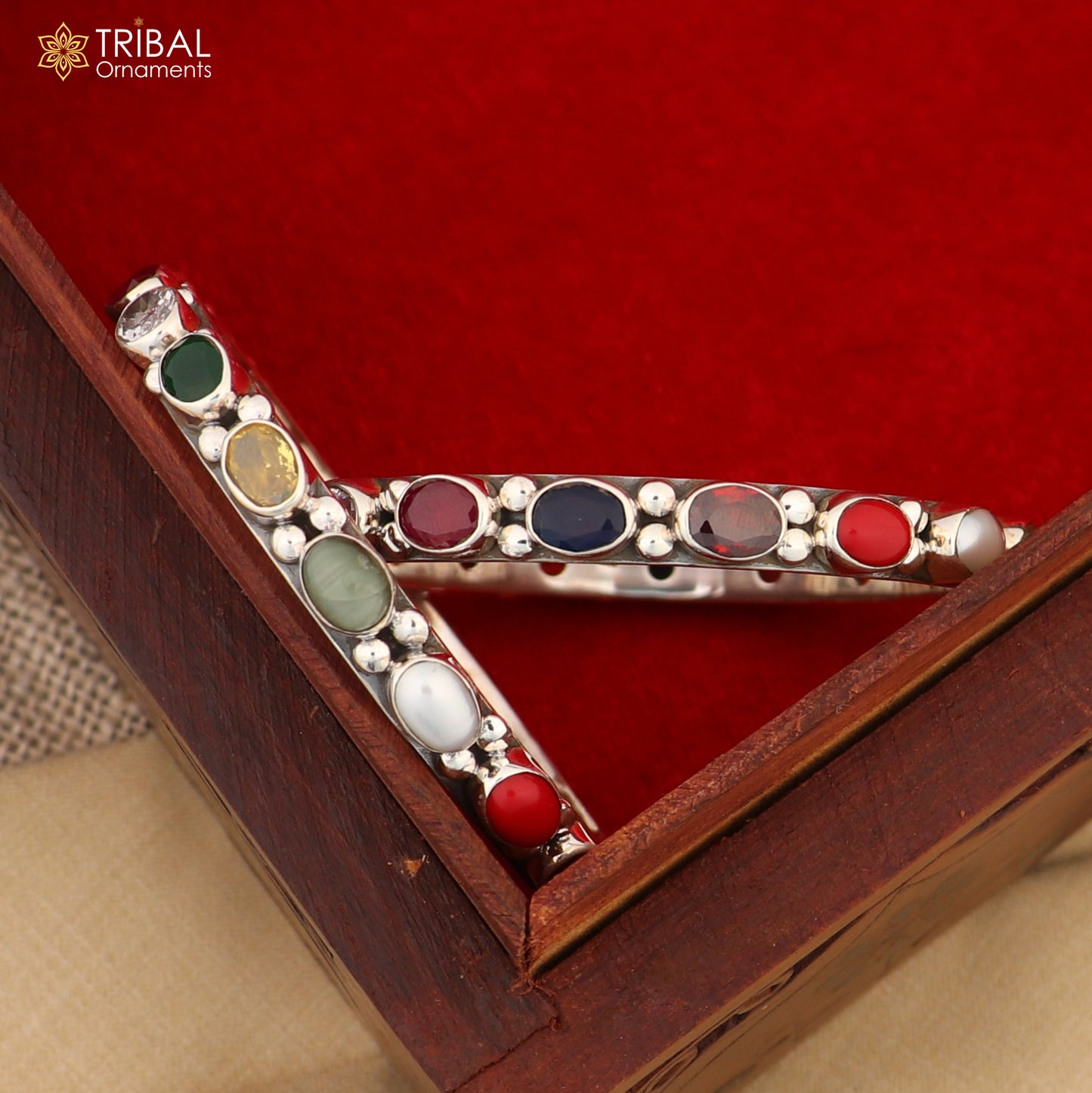 925 sterling silver tribal beaded bangle with colorful stones, traditional kada jewelry by TRIBAL ORNAMENTS