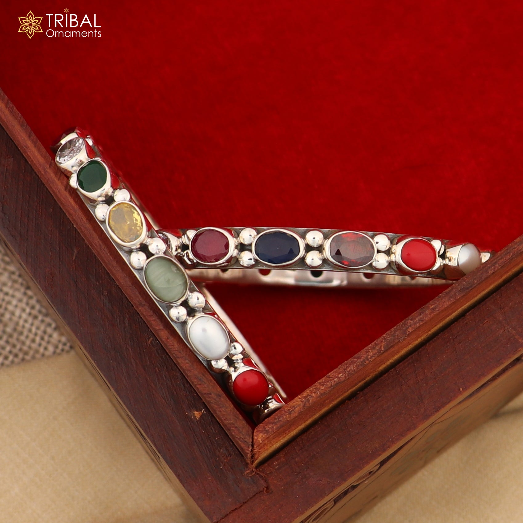 925 sterling silver tribal beaded bangle with colorful stones, traditional kada jewelry by TRIBAL ORNAMENTS