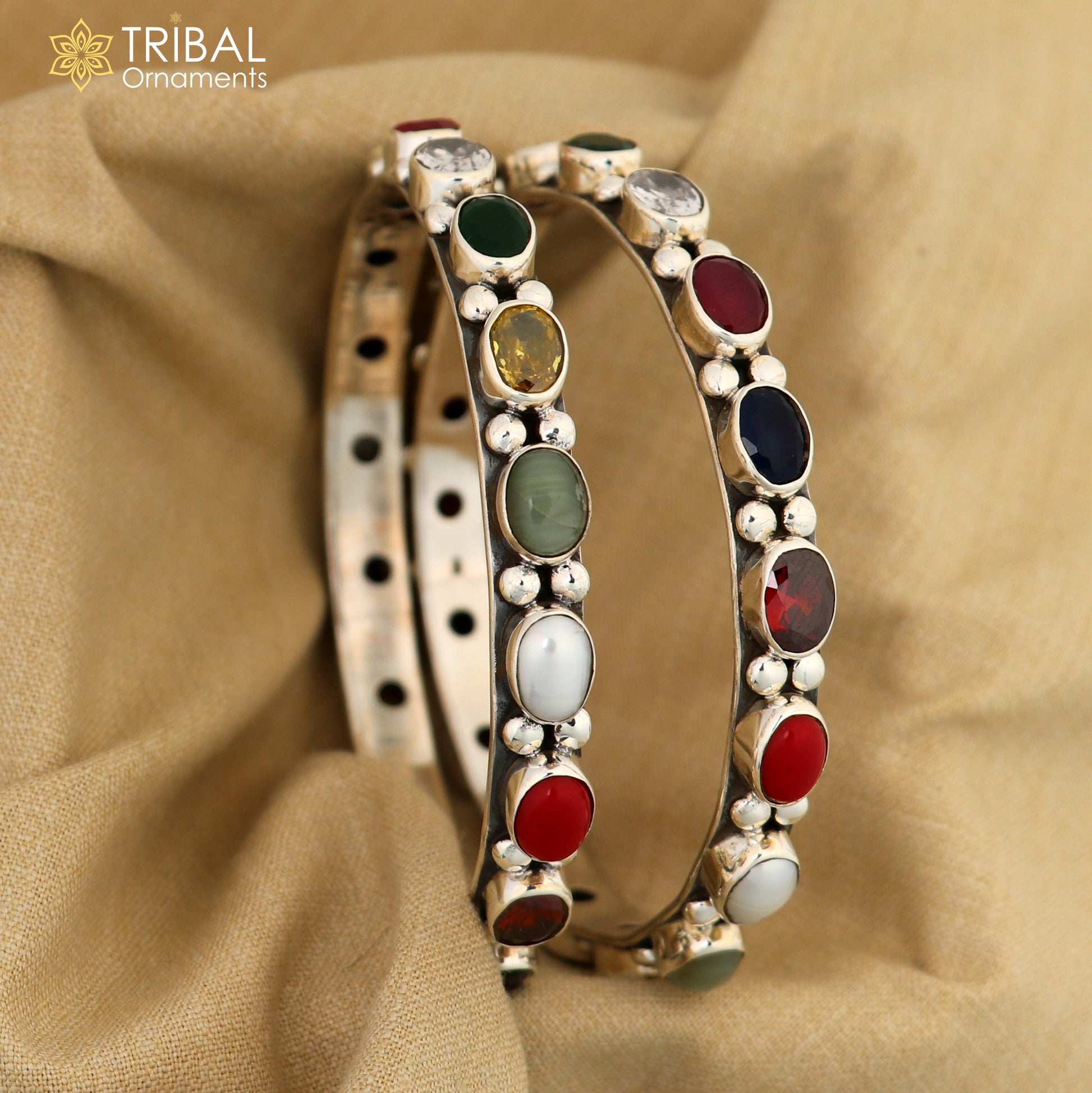 925 sterling silver tribal beaded bangle with colorful stones, handcrafted tribal jewelry by TRIBAL ORNAMENTS.