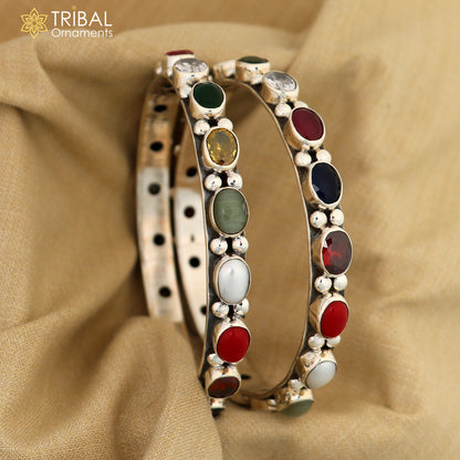 925 sterling silver tribal beaded bangle with colorful stones, handcrafted tribal jewelry by TRIBAL ORNAMENTS.