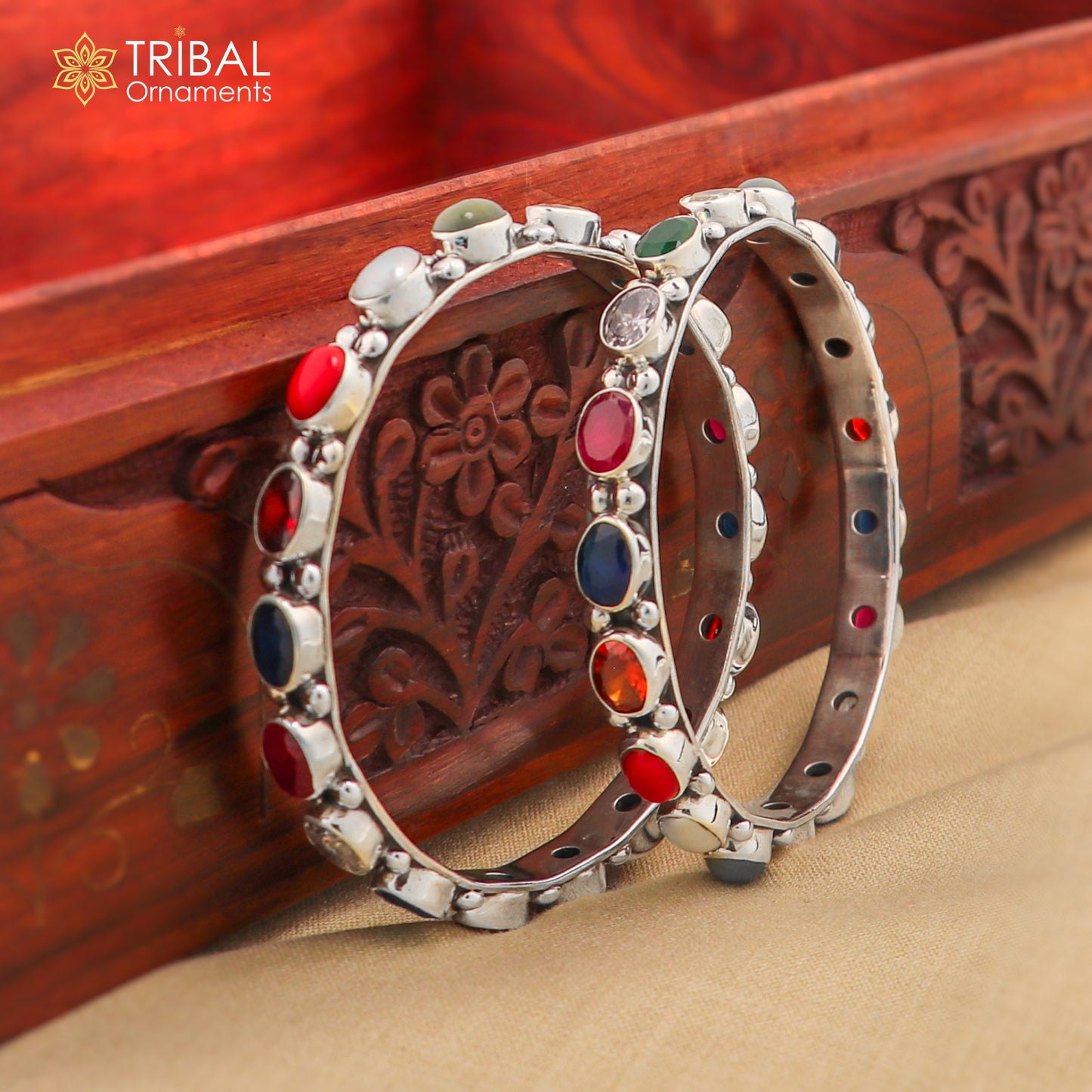 925 sterling silver tribal beaded bangle with colorful stones and intricate design, showcasing traditional tribal jewelry style.