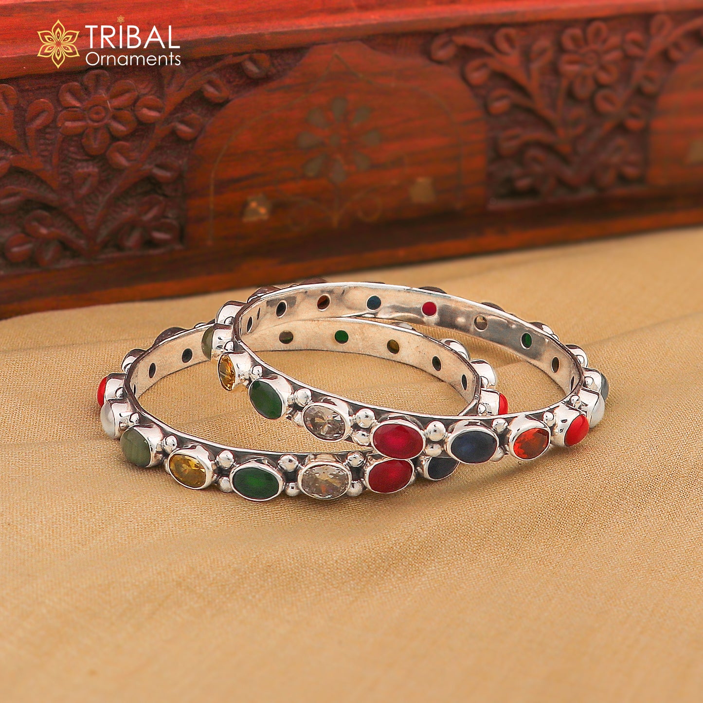 925 sterling silver tribal beaded bangle with colorful stones, showcasing intricate tribal jewelry design by TRIBAL ORNAMENTS.
