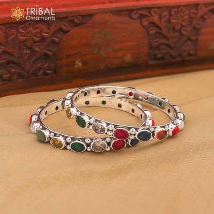 925 sterling silver tribal beaded bangle with colorful stones, showcasing intricate tribal jewelry design by TRIBAL ORNAMENTS.