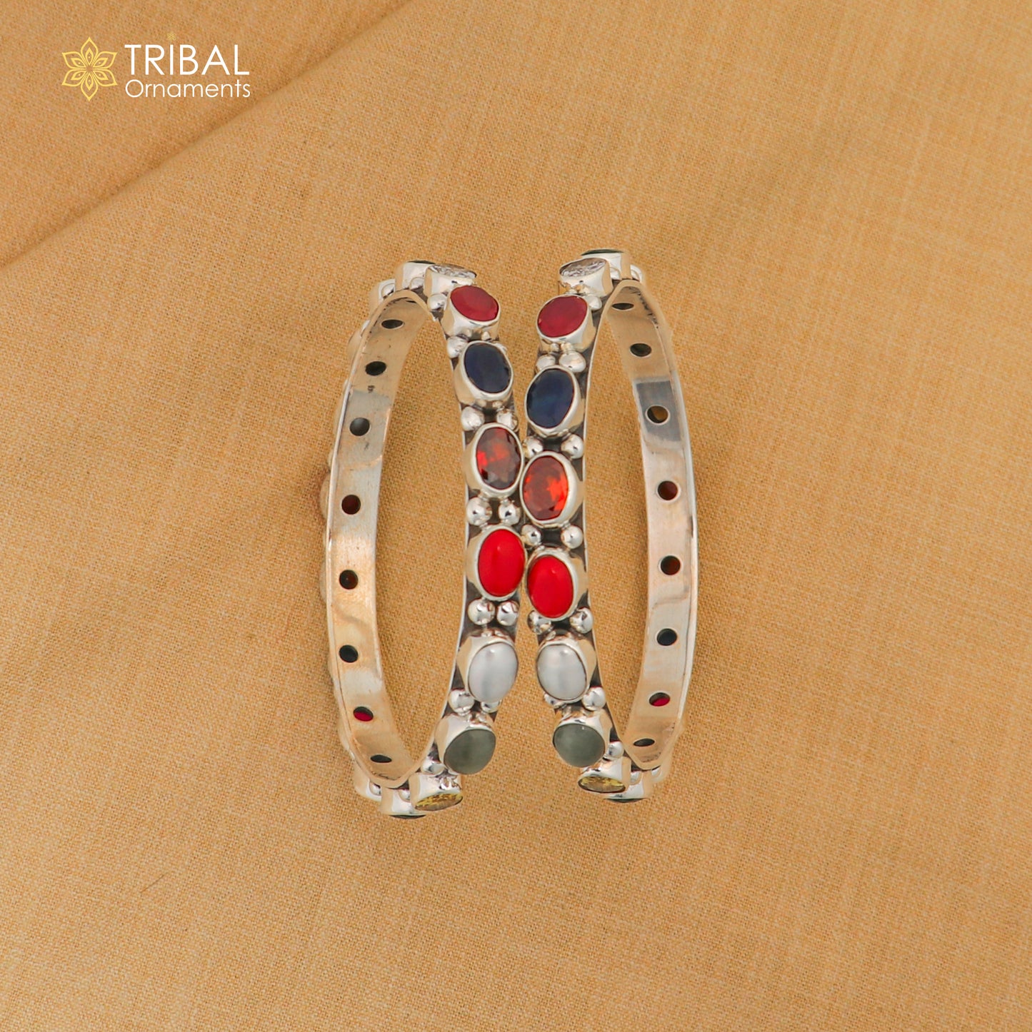 925 sterling silver tribal beaded bangle with colorful stones, showcasing intricate tribal jewelry design.