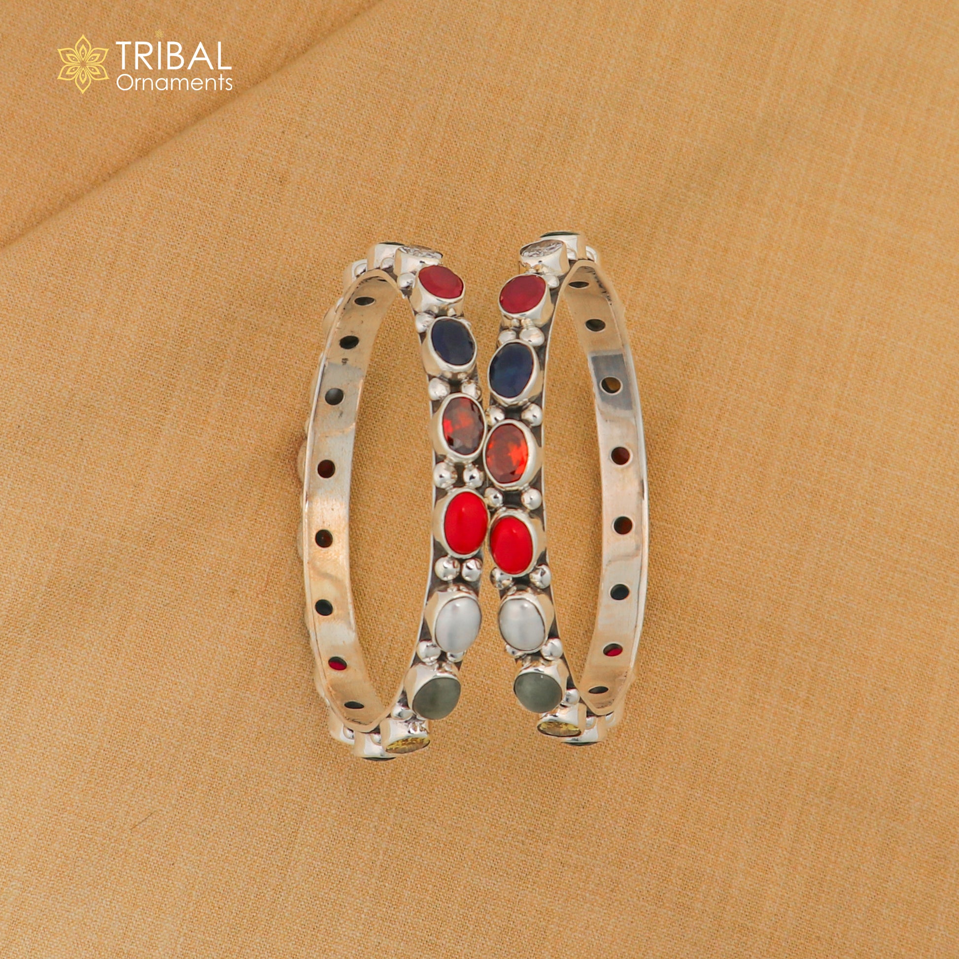 925 sterling silver tribal beaded bangle with colorful stones, showcasing intricate tribal jewelry design.