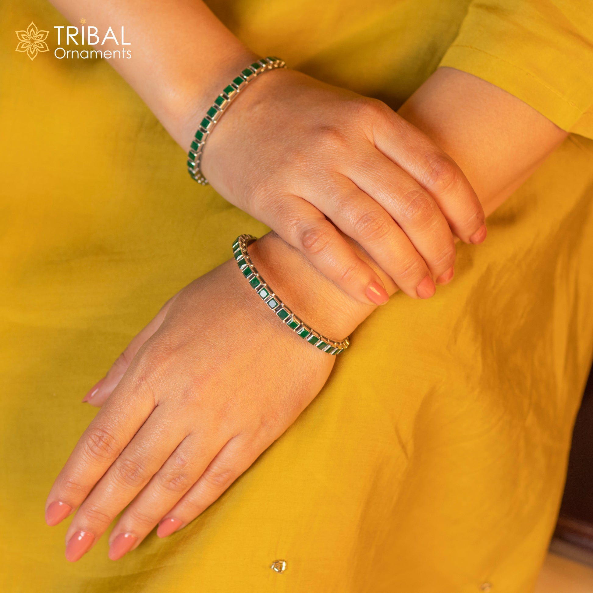 925 sterling silver bangle bracelet with green square stone, tribal jewelry style, perfect for anniversary gifting.