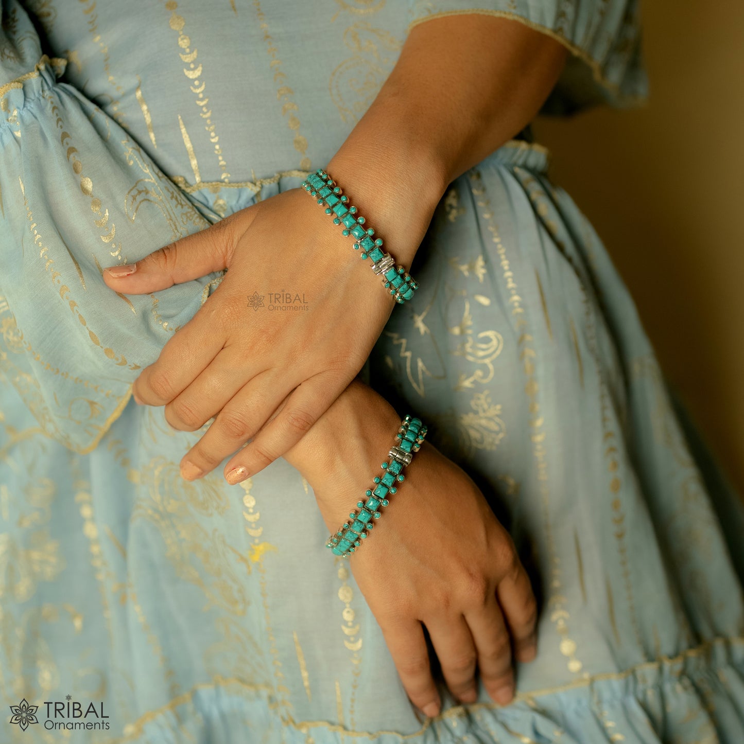 Sterling silver tribal bangle with turquoise stone, handmade stylish jewelry for wedding or gifting by TRIBAL ORNAMENTS
