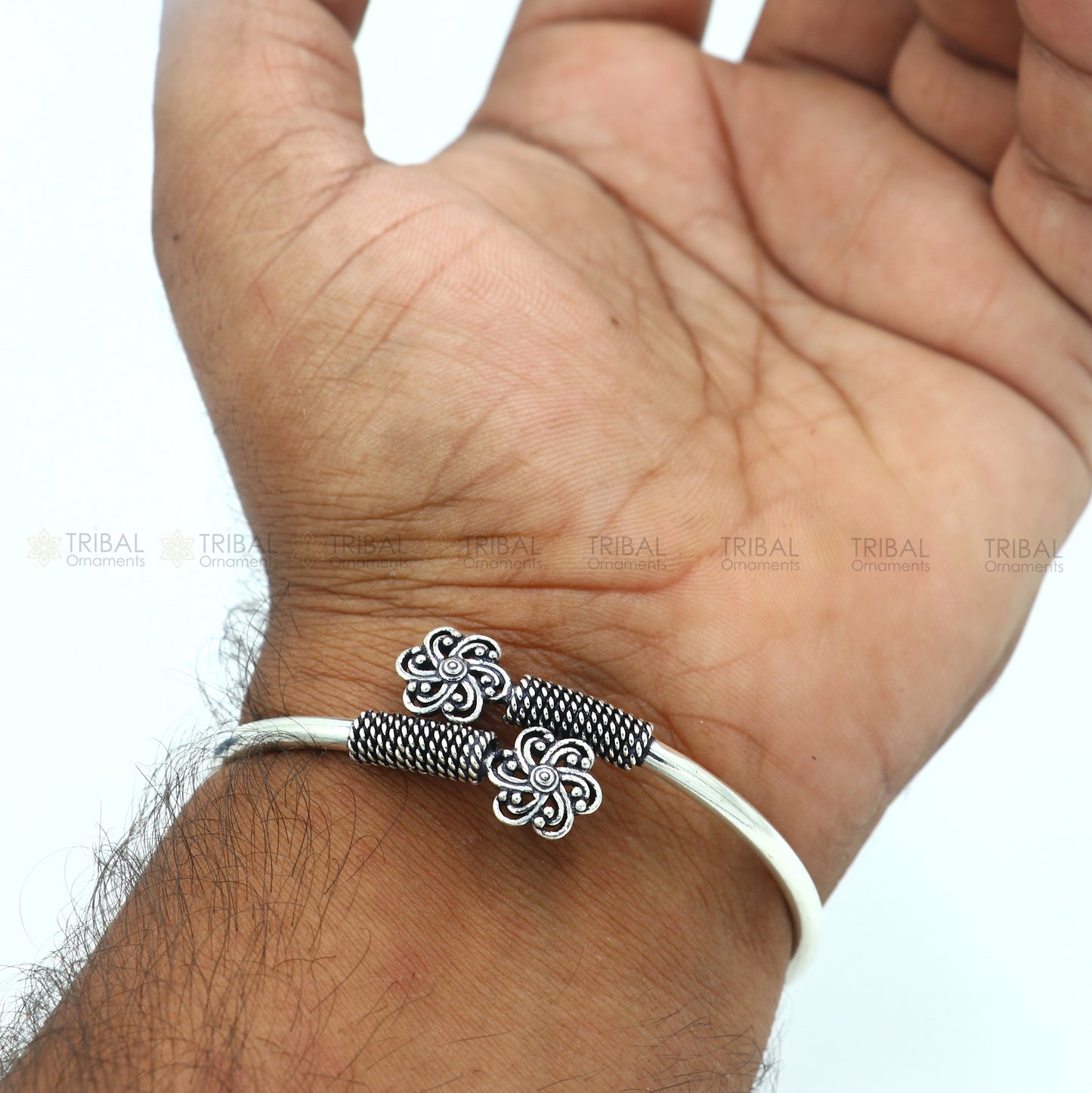 925 sterling silver handmade flower design stylish kada bangle bracelet tribal jewelry nsk865 - TRIBAL ORNAMENTS
