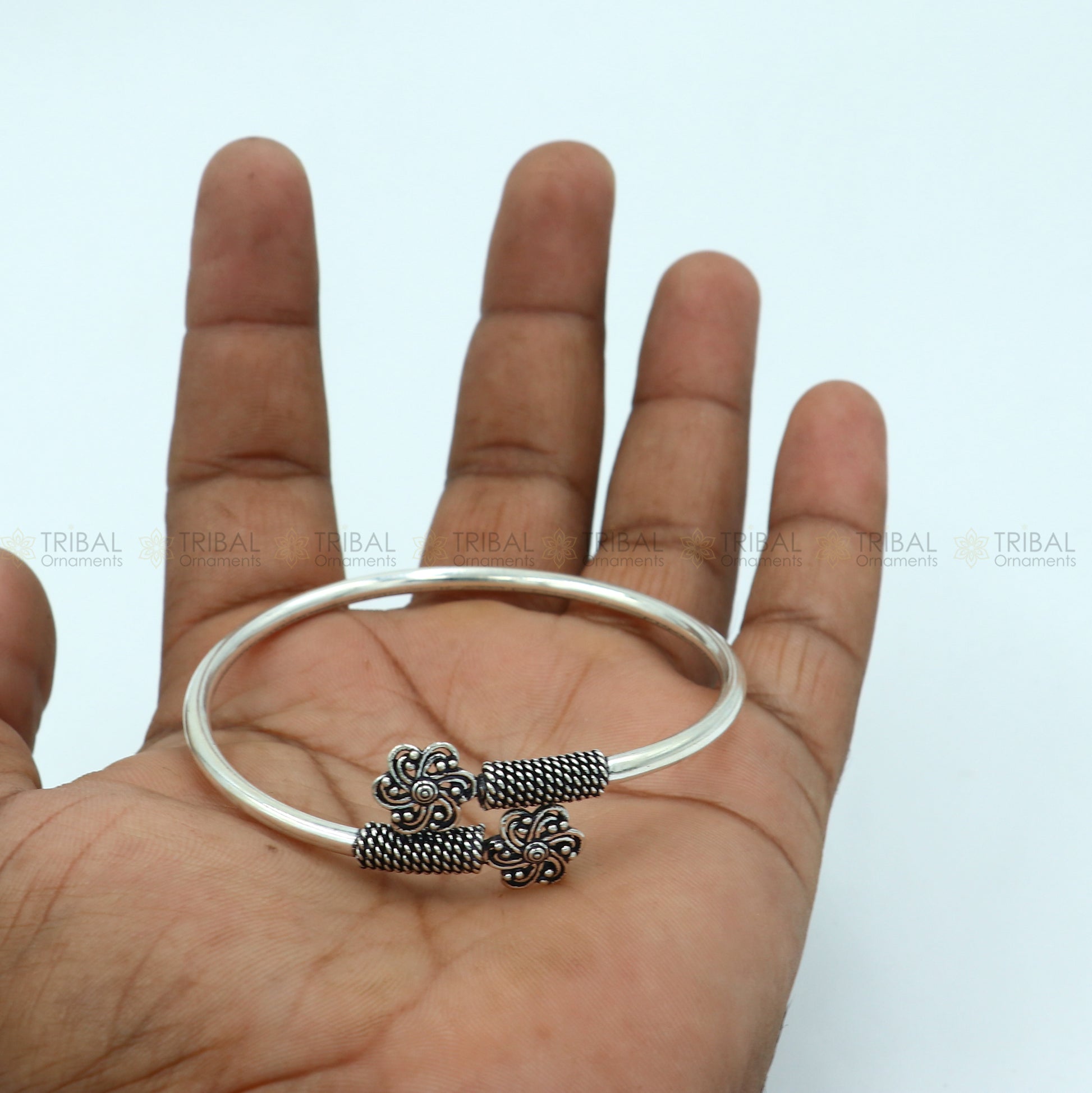 925 sterling silver handmade flower design stylish kada bangle bracelet tribal jewelry nsk865 - TRIBAL ORNAMENTS