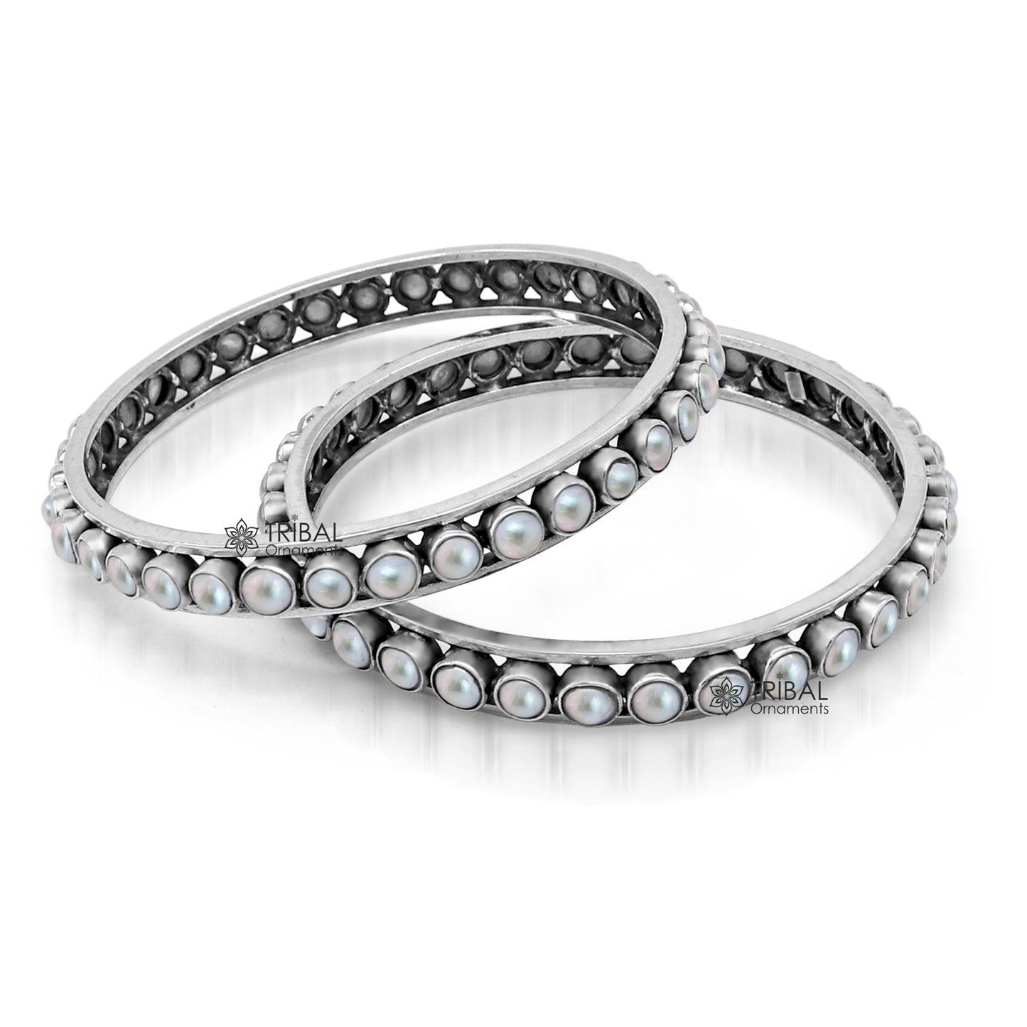 Handmade 925 sterling silver bangle with lustrous mother-of-pearl, perfect for brides and cultural jewelry by Tribal Ornaments.