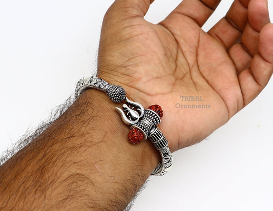 925 Sterling silver handmade chitai work Lord Shiva trident trishul kada bangle bracelet with natural Rudraksha customized kada nsk487 - TRIBAL ORNAMENTS