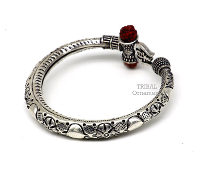 925 Sterling silver handmade chitai work Lord Shiva trident trishul kada bangle bracelet with natural Rudraksha customized kada nsk487 - TRIBAL ORNAMENTS