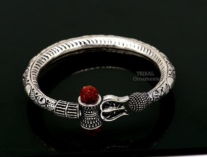 925 Sterling silver handmade chitai work Lord Shiva trident trishul kada bangle bracelet with natural Rudraksha customized kada nsk487 - TRIBAL ORNAMENTS