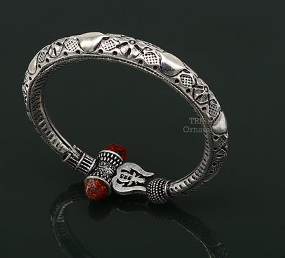 925 Sterling silver handmade chitai work Lord Shiva trident trishul kada bangle bracelet with natural Rudraksha customized kada nsk487 - TRIBAL ORNAMENTS