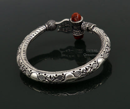 925 Sterling silver handmade chitai work Lord Shiva trident trishul kada bangle bracelet with natural Rudraksha customized kada nsk487 - TRIBAL ORNAMENTS