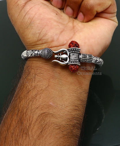 925 Sterling silver handmade chitai work Lord Shiva trident trishul kada bangle bracelet with natural Rudraksha customized kada nsk487 - TRIBAL ORNAMENTS