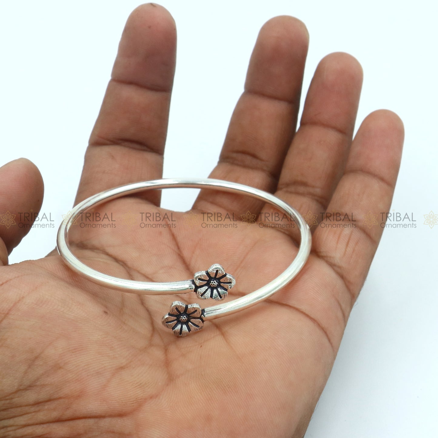 925 sterling silver handmade flower design stylish kada bangle bracelet tribal jewelry nsk869 - TRIBAL ORNAMENTS