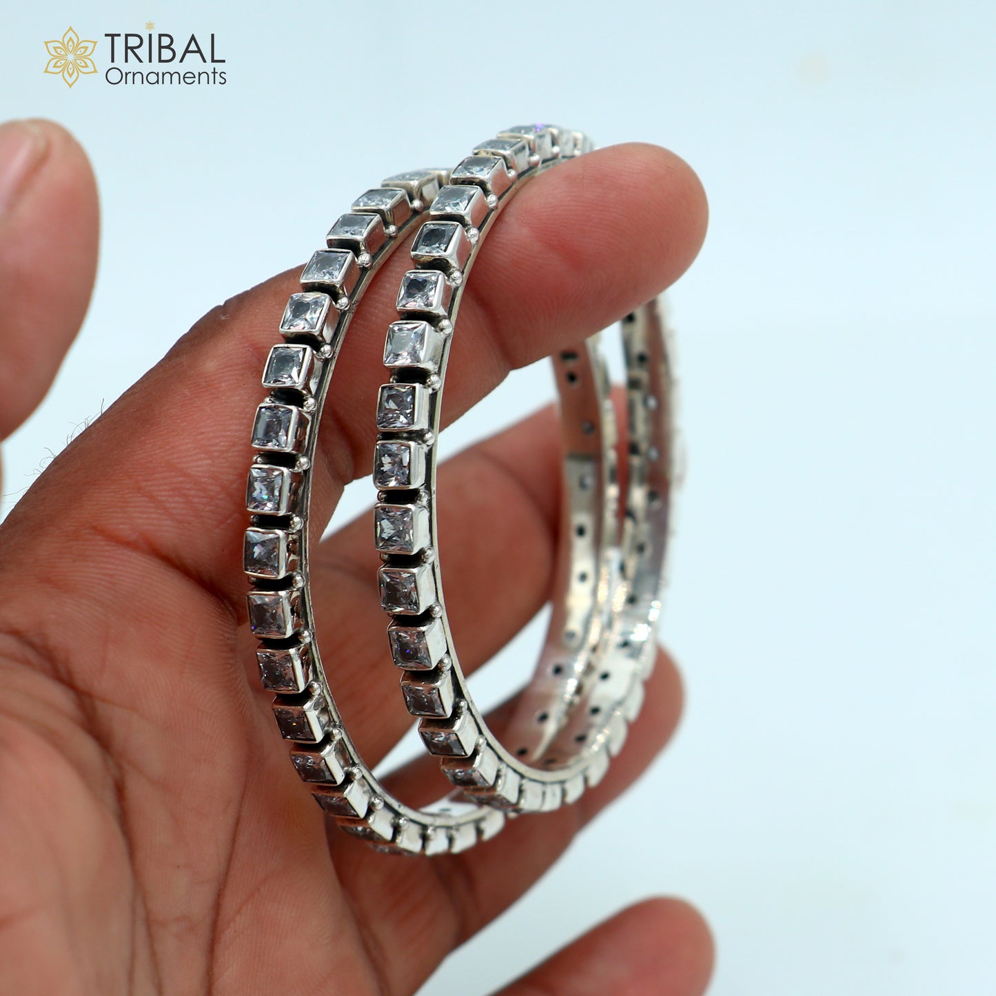 Vintage tribal-style 925 sterling silver bangle bracelet with cubic zirconia stones, perfect for wedding anniversary gifting.