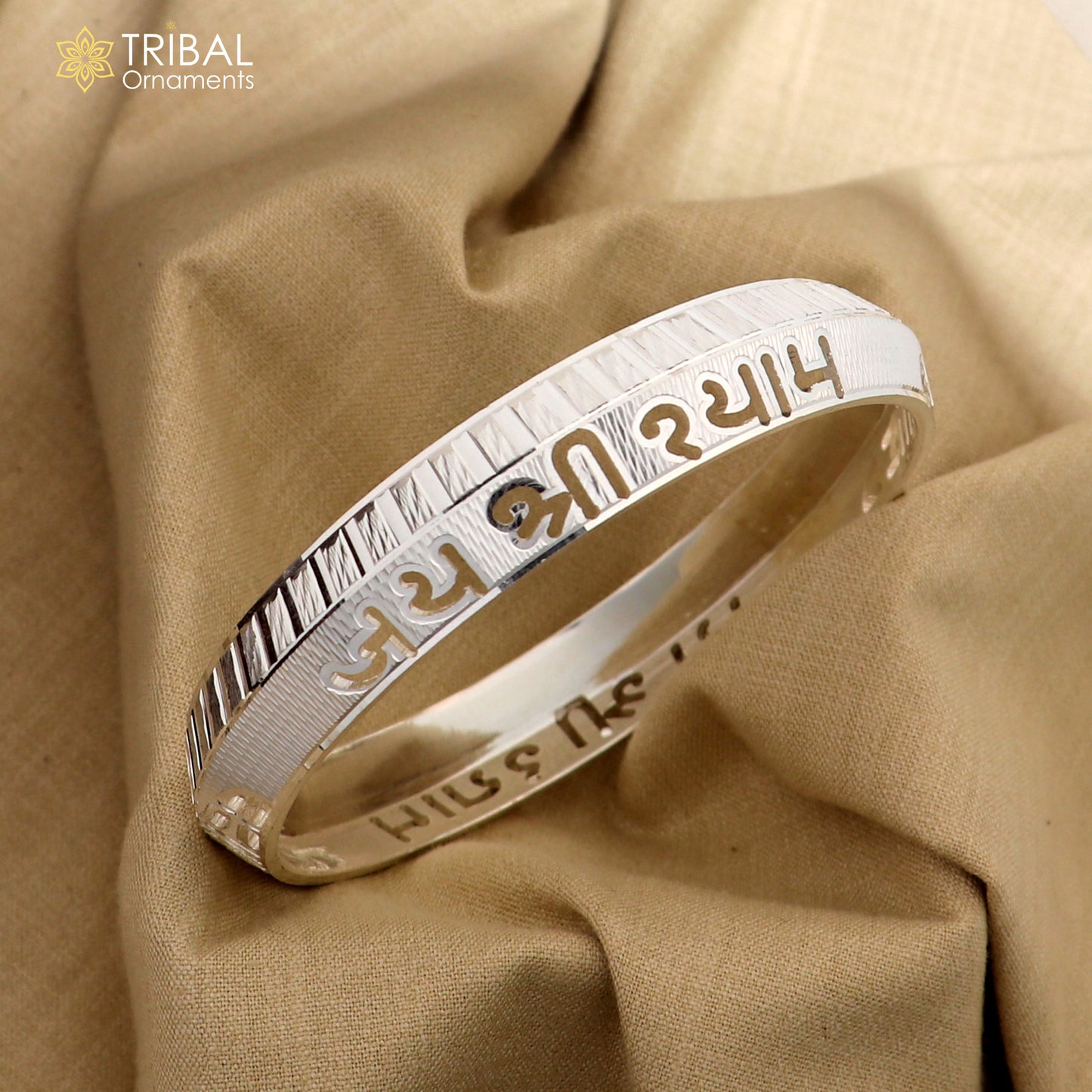 999 pure silver stylish jai shree shayam ( krishna mantra ) shiny bangle kada nsk927 - TRIBAL ORNAMENTS