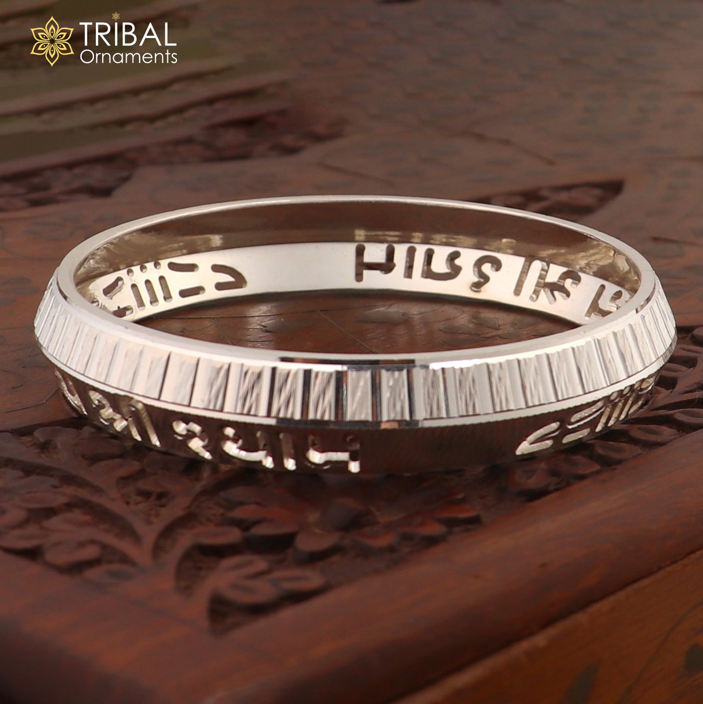 999 pure silver stylish jai shree shayam ( krishna mantra ) shiny bangle kada nsk927 - TRIBAL ORNAMENTS