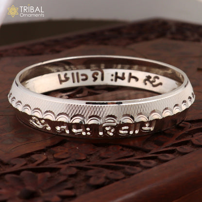 Silver bangle featuring Om Namah Shivay Shiva mantra design, stylish shiny 999 pure silver kada from TRIBAL ORNAMENTS.