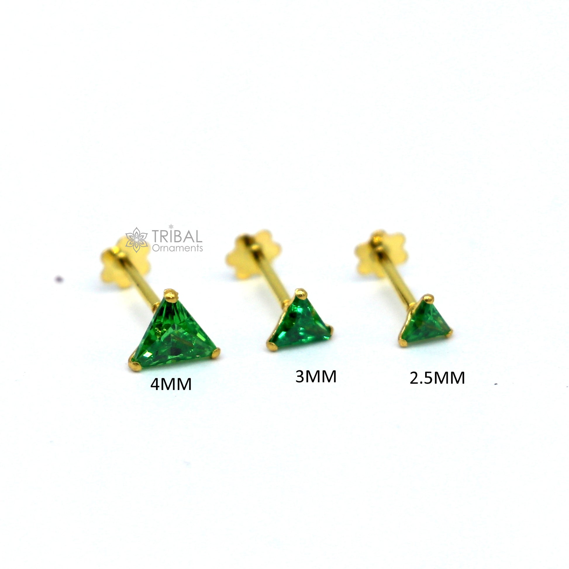 2.5MM/3MM/4MM  18kt yellow gold handmade single green stone triangle shape stud earring cartilage unisex jewellery er187 - TRIBAL ORNAMENTS