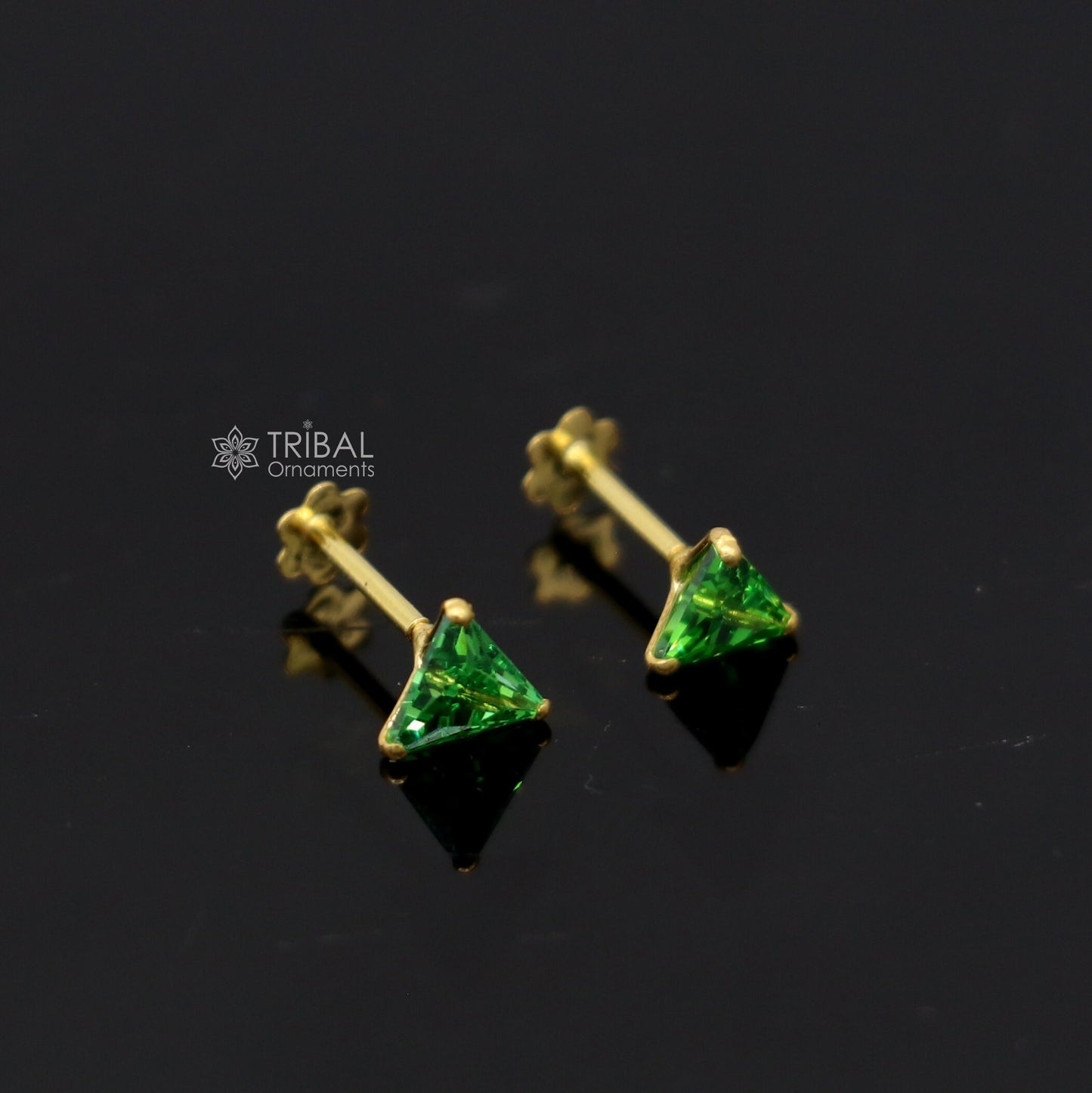 2.5MM/3MM/4MM  18kt yellow gold handmade single green stone triangle shape stud earring cartilage unisex jewellery er187 - TRIBAL ORNAMENTS