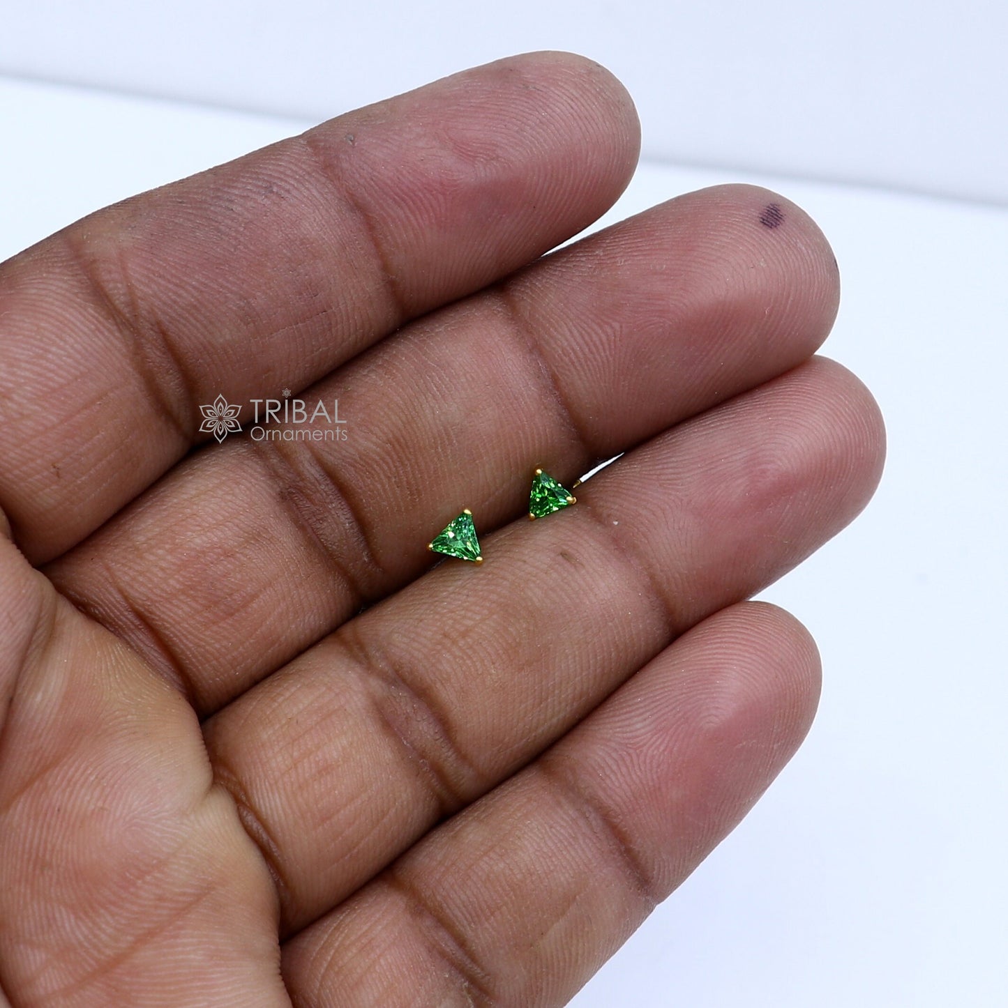 2.5MM/3MM/4MM  18kt yellow gold handmade single green stone triangle shape stud earring cartilage unisex jewellery er187 - TRIBAL ORNAMENTS