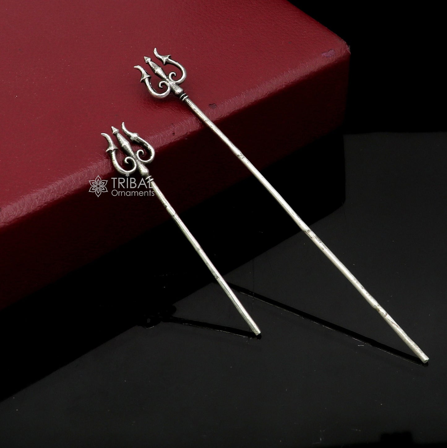 Solid 925 sterling silver Lord Shiva Trident, intricate goddess trishul puja accessory from India, crafted by Tribal Ornaments.